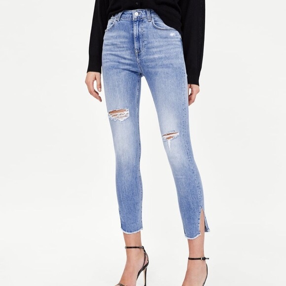 Zara High Waist Distressed Side Slit Skinny Jeans